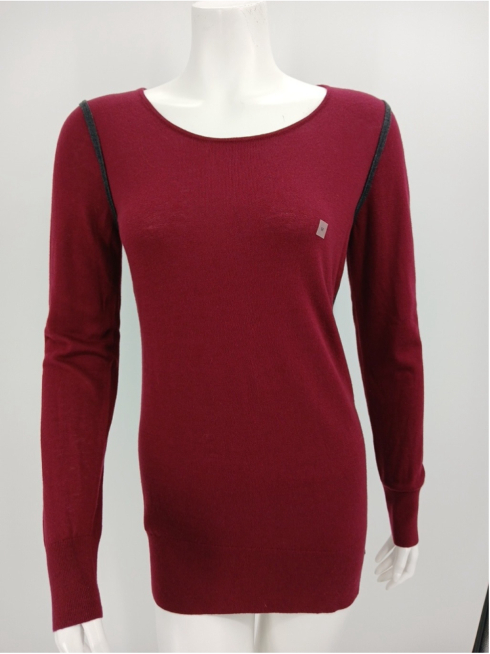 LOFT Extrafine Merino Wool Blend Sweater Burgundy Berry Gray Trim Size M New